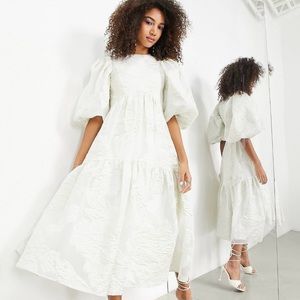 ASOS EDITION tiered metallic floral jacquard midi dress in ivory